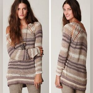 Free People Desert Moon Striped Pullover crochet Sweater in beige neutrals. S